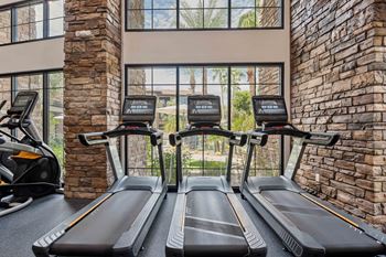 A gym with treadmills and a brick wall. at The Laurel Apartments, Chandler